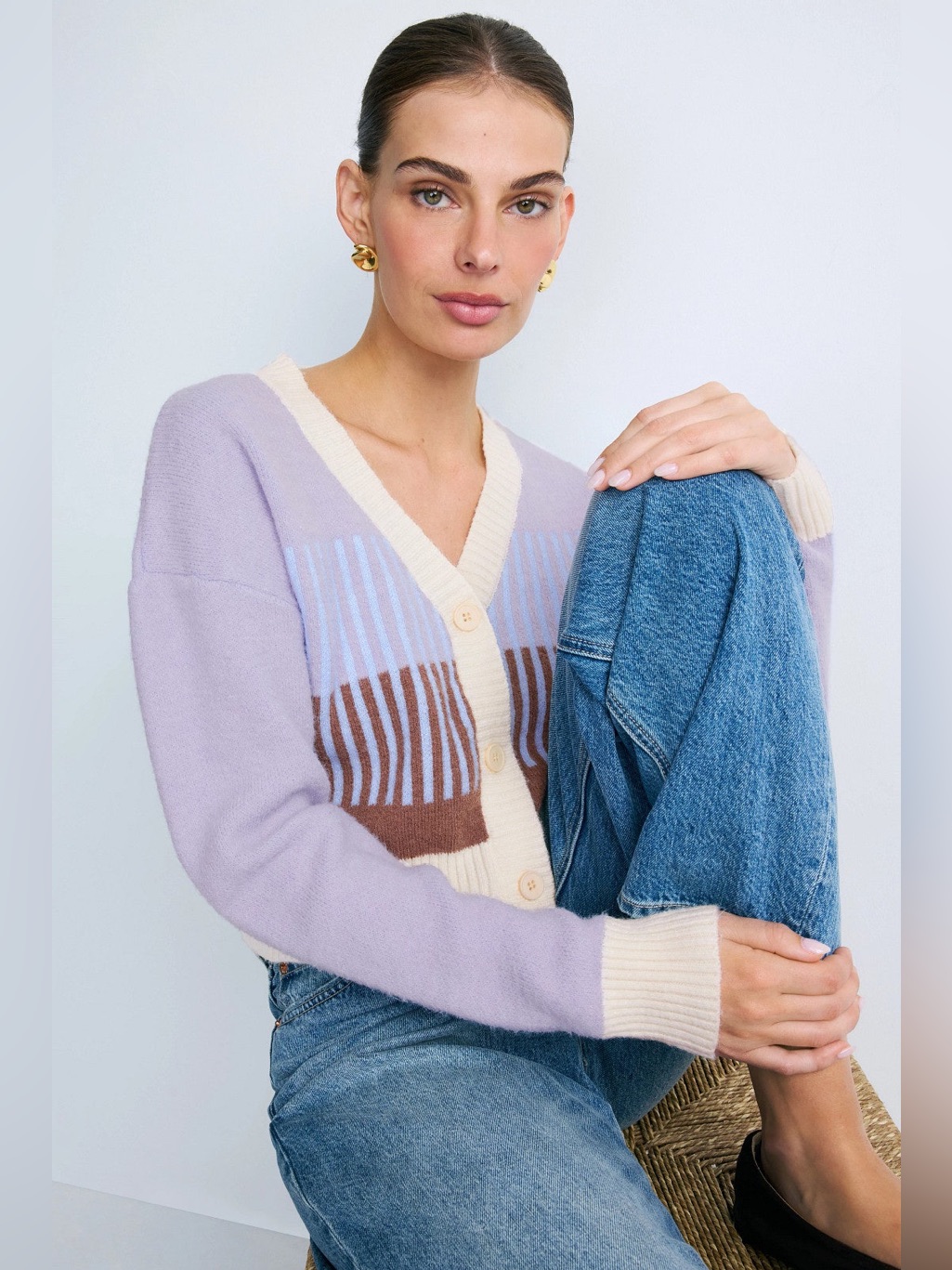 Minkpink Lilac Button V-Neck Cardigan With Cream Trim And Blue/Brown Stripes